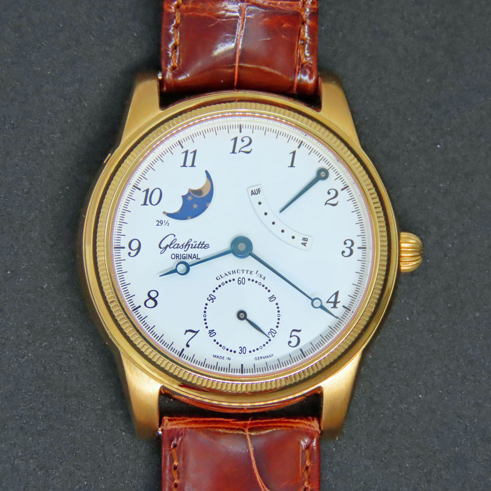 二手 Glashutte 1845 Classic 18K玫瑰金 上鍊 月相 能量顯示  透視底男裝錶 (38mm)